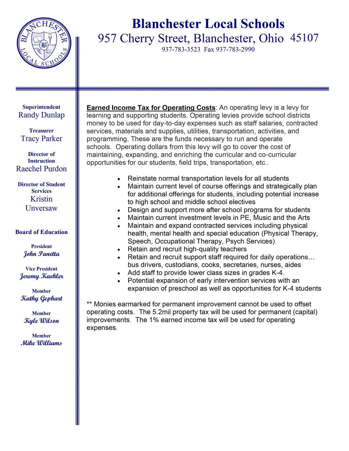 Picture detailing the use of operating dollars from earned income tax